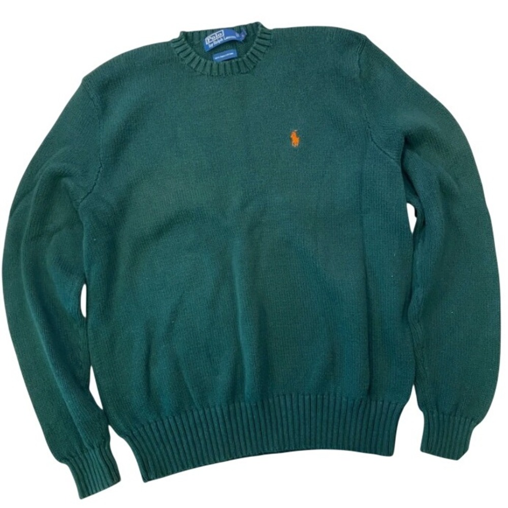 VTG Y2K Polo Ralph Lauren Mens Green Cotton Crewneck Sweater Knit Orange Pony L